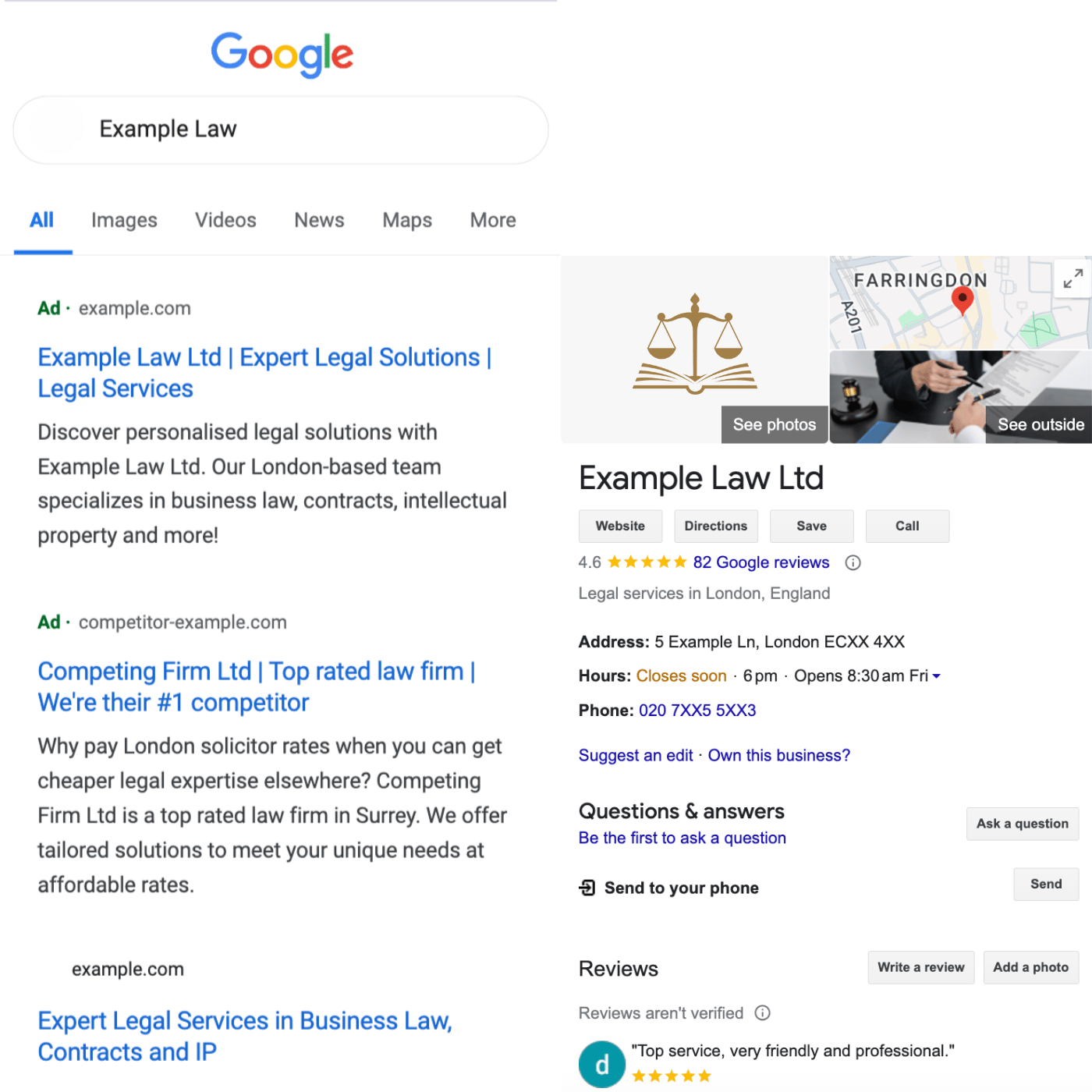 Google Ads brand campaign deployed to protect a law firm brand from competitors