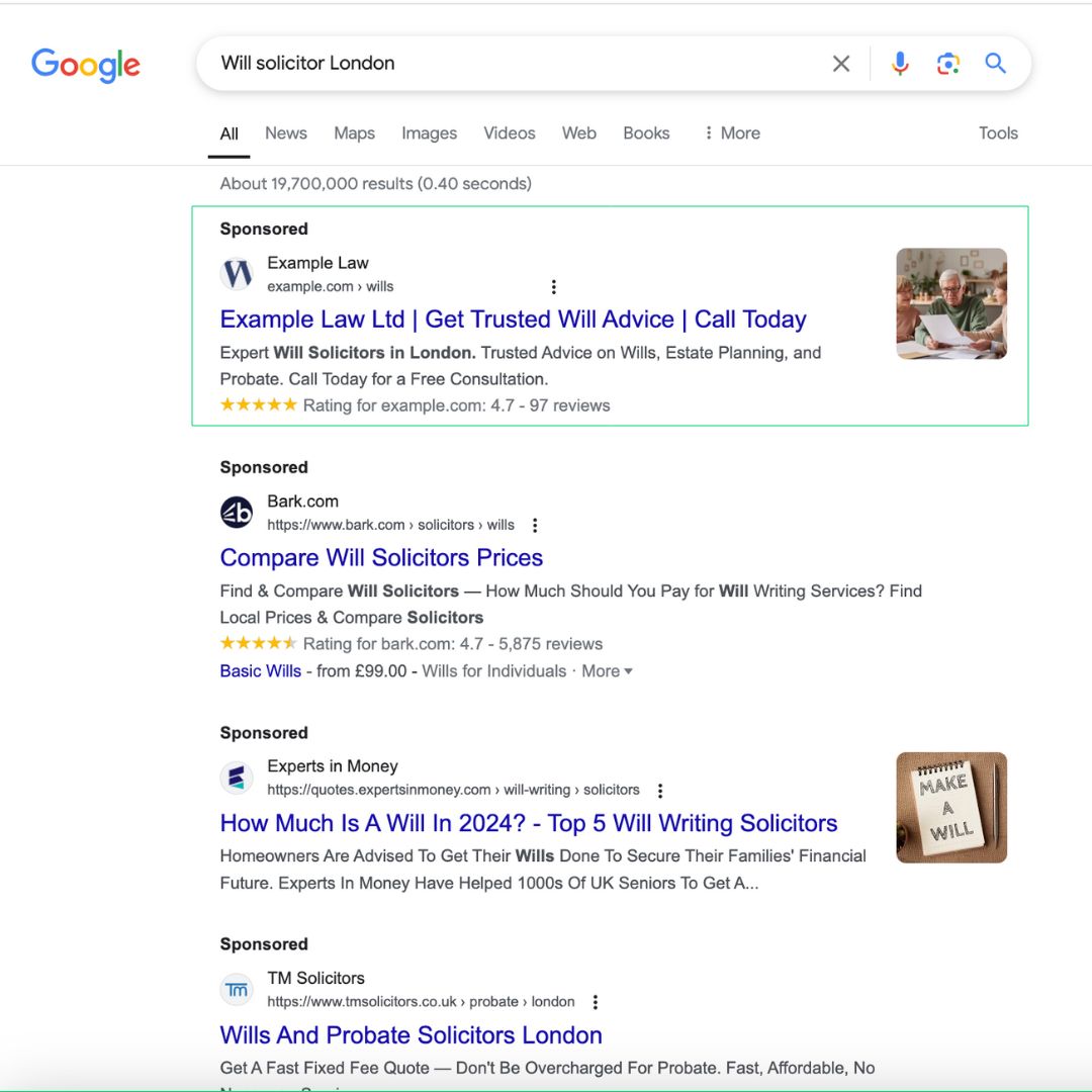 example of a Google Ads search ad campaign for a law firm