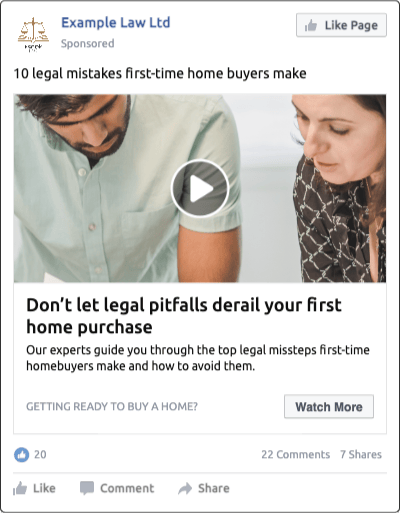 example of Facebook Ads top of funnel creative for a conveyancing law practice