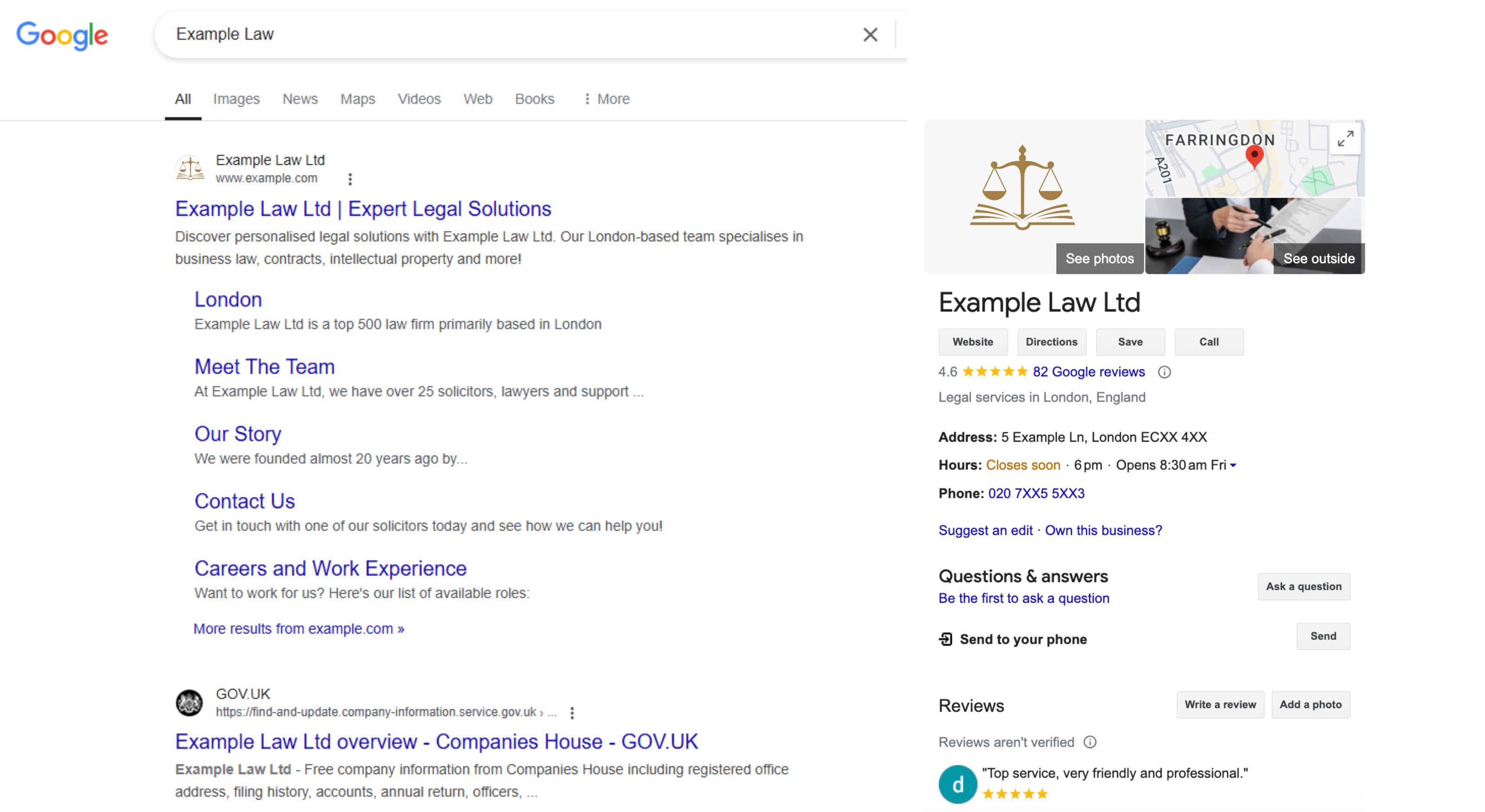 Branded search for a law firm showing a Google Business Profile and organic listings