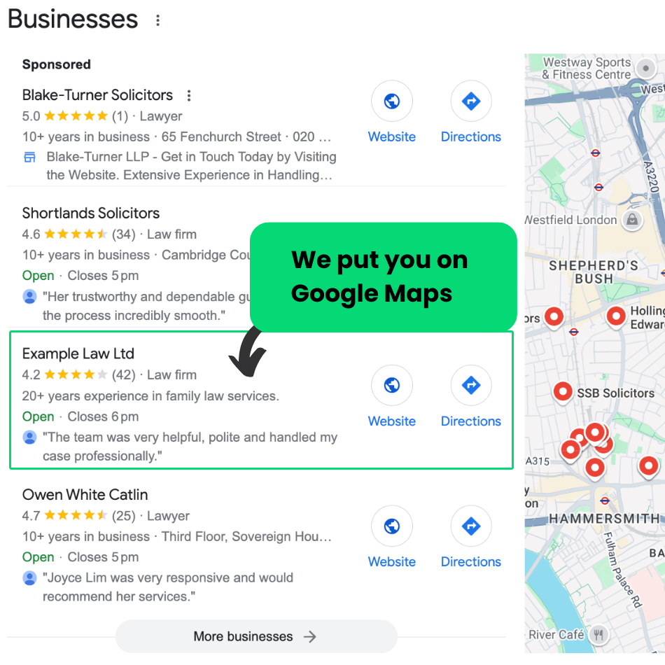 Law firm showing up in the Google Maps map pack thanks to local SEO